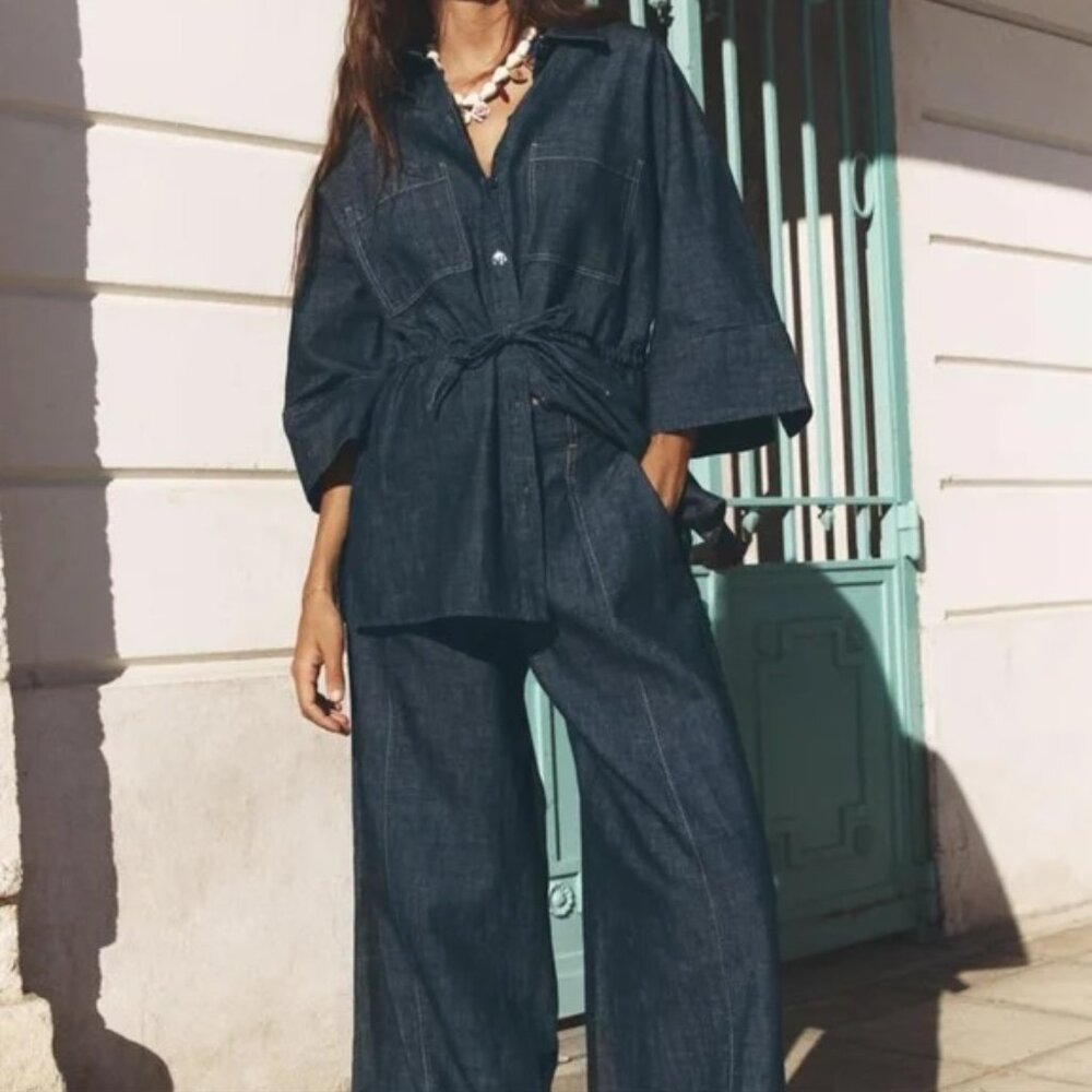 ZARA LINEN DRAWSTRING SHIRT DARK INDIGO NWT S